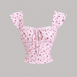 Áo Croptop Hoa Nhí Tay Bồng Thắt Nơ - [HELENN]