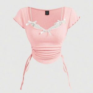 Áo Thun Hồng Dây Rút Phối Ren Cao Cấp - [ HELENN ]