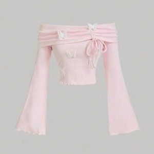 Áo Trễ Vai Bướm Bướm Hồng Pastel – [ HELENN ]