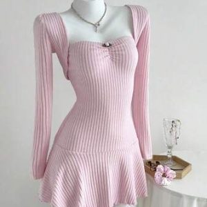 Váy Len Tăm Màu Hồng Xòe Gấu Kèm Khoác Lửng - [HELENN]
