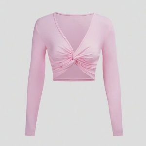 Áo Croptop Dài Tay Xoắn Ngực Hồng - [HELENN]