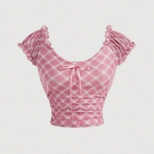 Áo Croptop Caro Tay Ngắn Bèo Nhún - [HELENN]