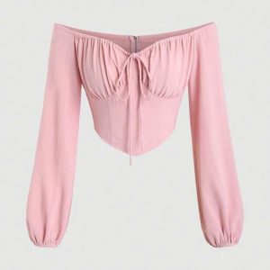 Áo Croptop Trễ Vai Corset Tay Bồng Hồng - [HELENN]
